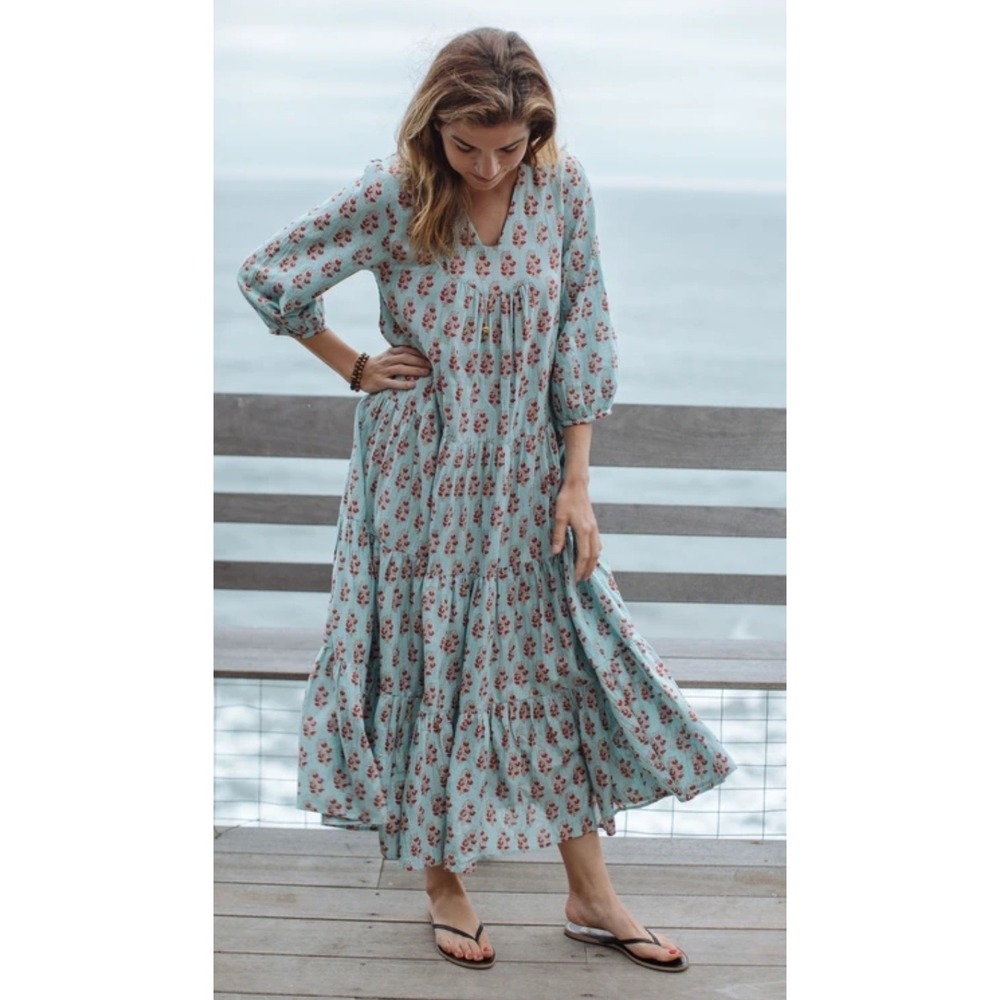 Pink Chicken New York XS Dress Floral Print Maxi Tiered Blue Red